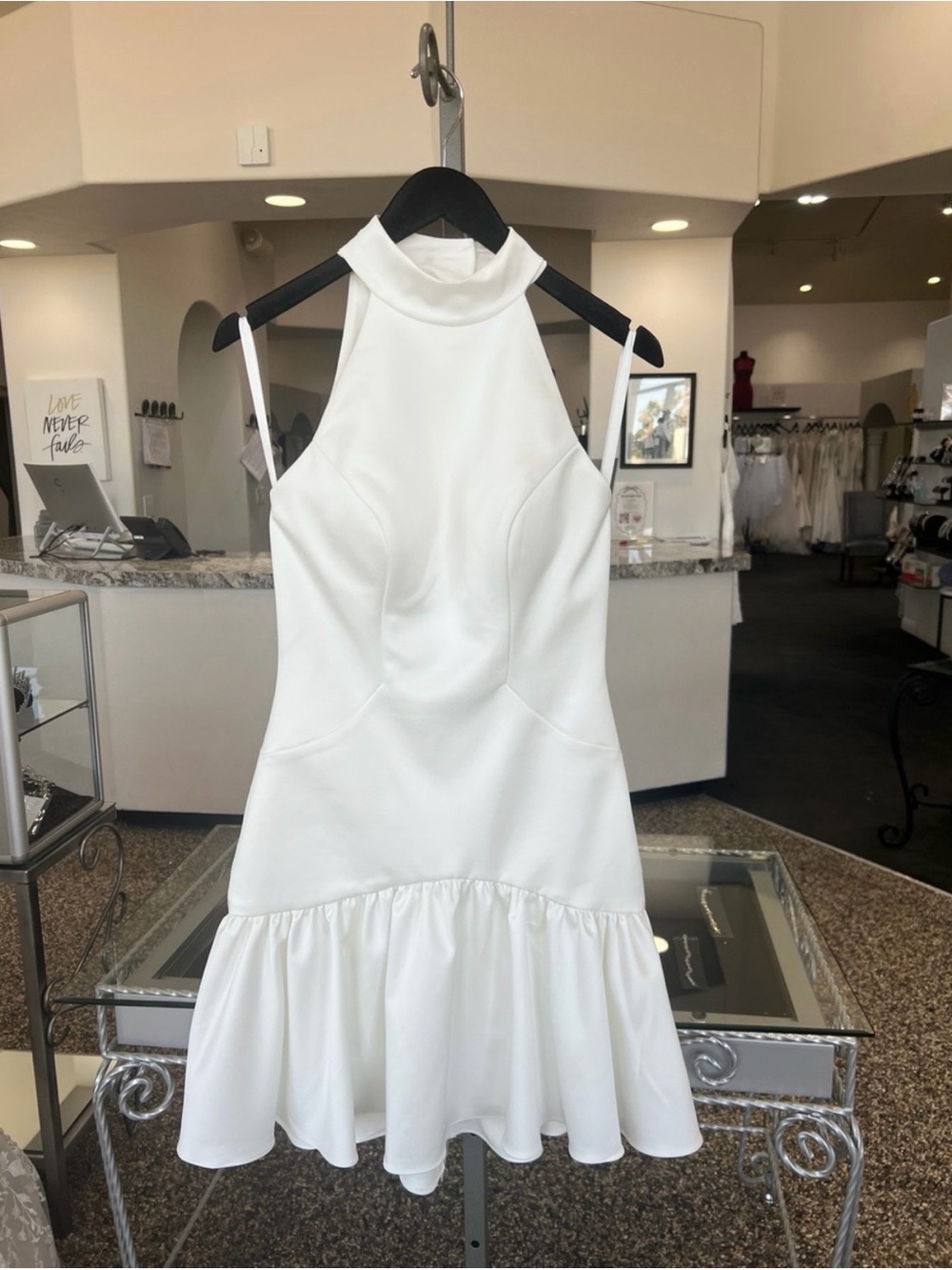 Mori Lee Sample White Halter Mini Dress with Flounce Hem